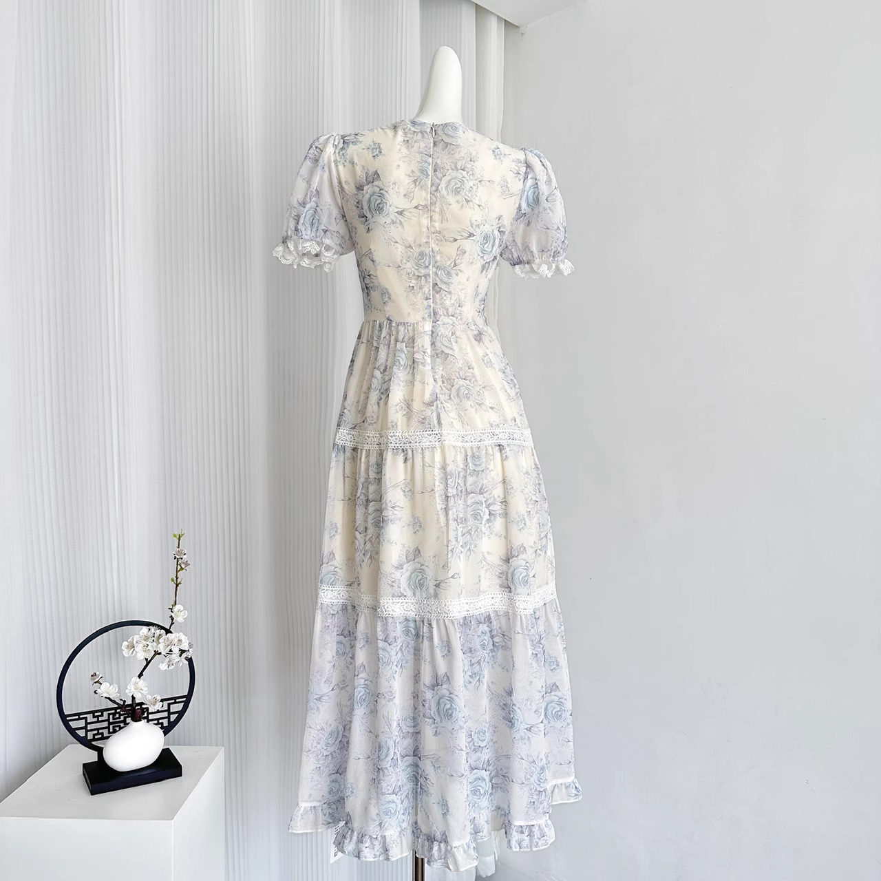 Cute A line Strapless Short Sleeves Blue Floral Dress Long Holiday Dresses