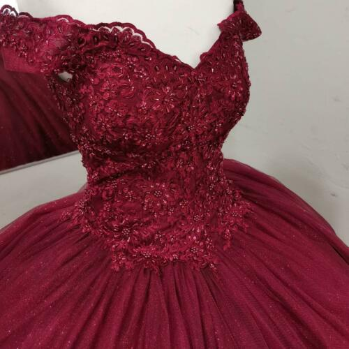 Burgundy Off the Shoulder Quinceanera Dresses Ball Gown Lace Prom Sweet 16 Dress