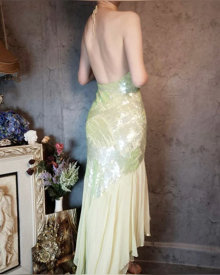 Sparkly Halter Yellow Sequin Chiffon Mermaid Evening Dress Long Birthday Party Dress