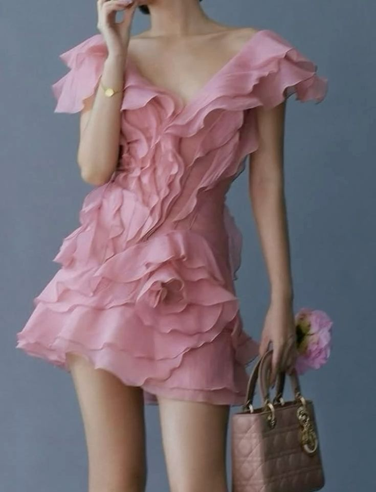 Classy V Neck Pink Chiffon Ruffle Short Cocktail Dress Homecoming Dress