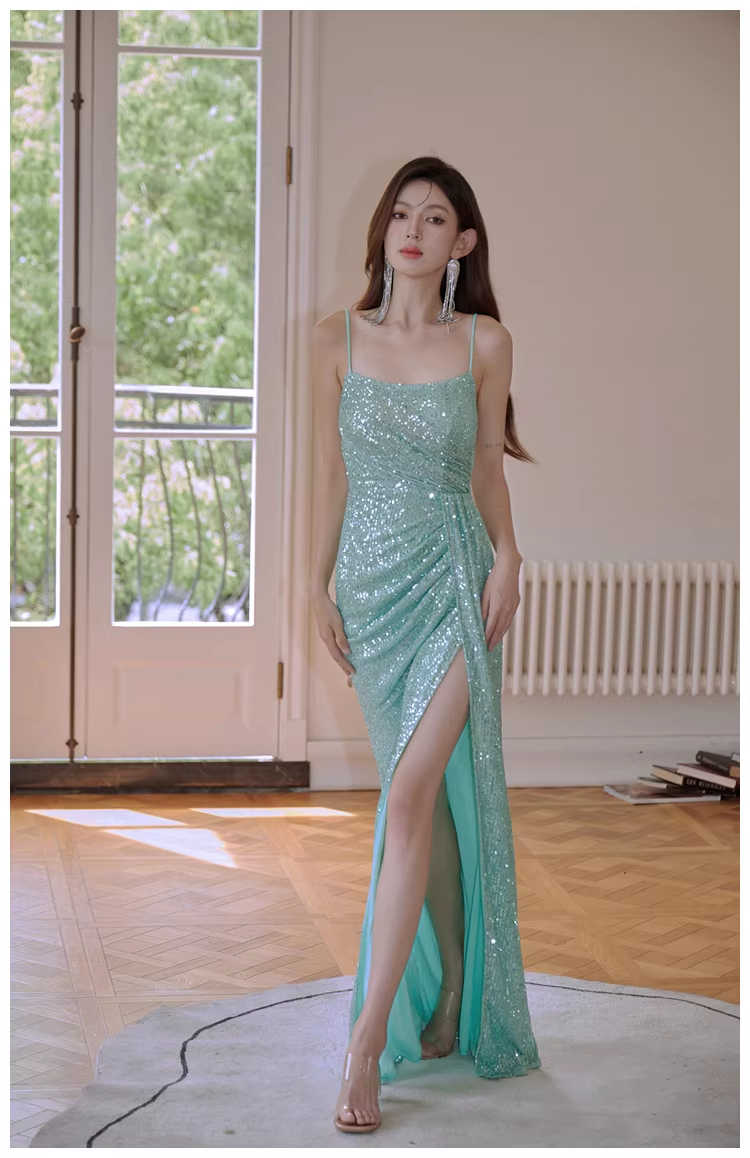 Sparkly Spaghetti Straps Mint Green Sequin Mermaid High Slit Long Prom Dress Evening Dress