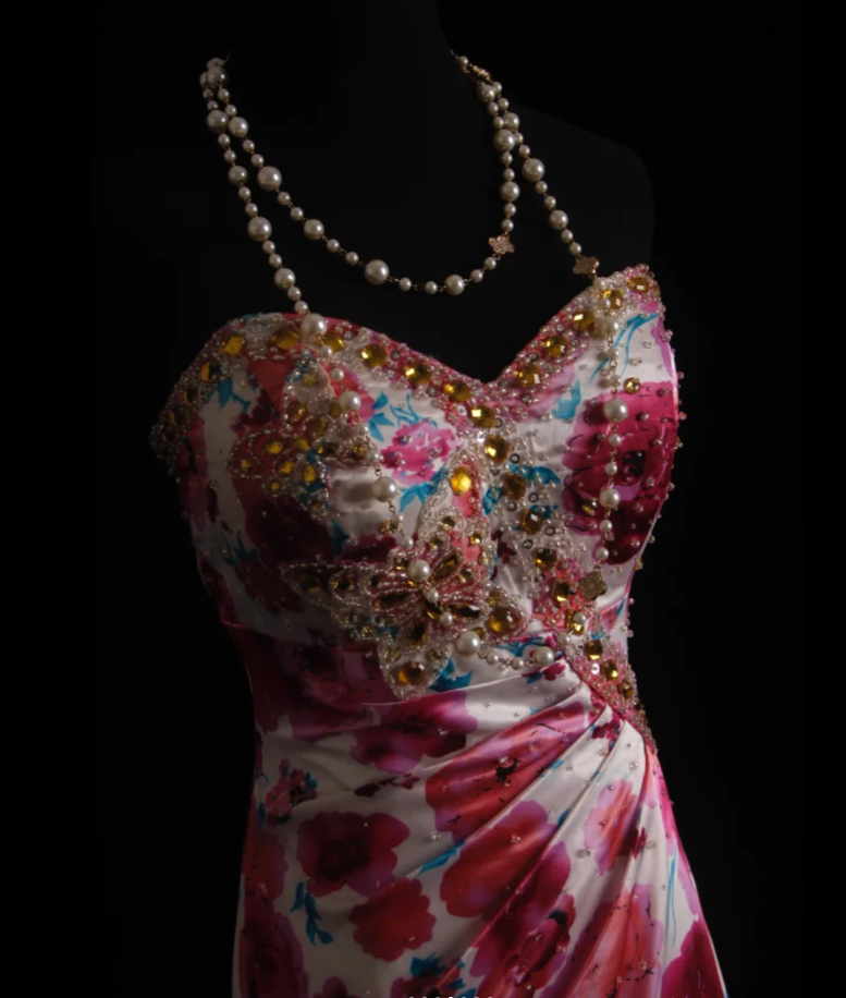 Charming Strapless Satin Floral Beaded Mermaid Long Birthday Prom Dress Evening Dress
