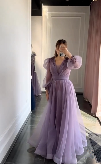 Purple A-line Tulle Beaded Evening Dress With Puff Sleeves