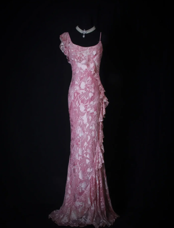 Charming Pink Beaded Chiffon Floral Ruffles Mermaid Long Evening Dress Formal Birthday Dress