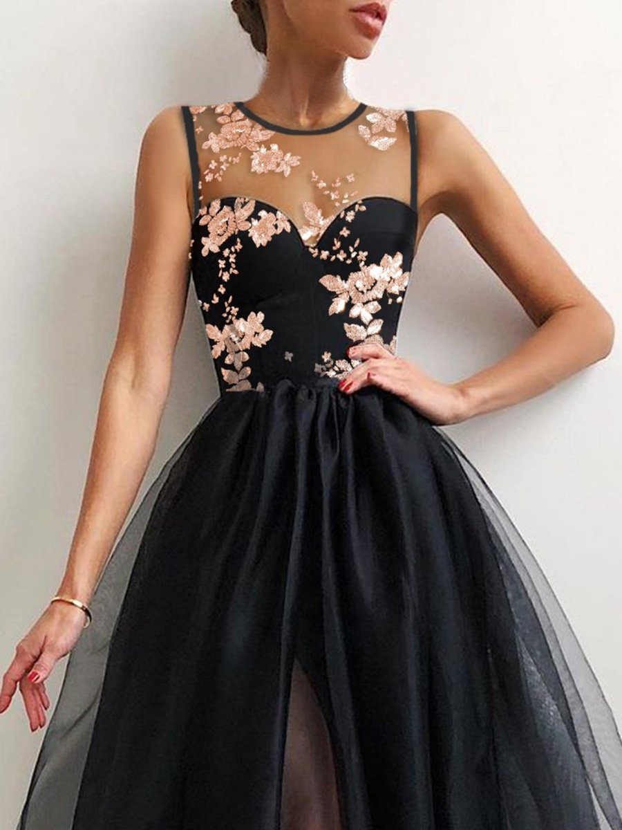 Flower Embroidered Mesh Slit Front Evening Dress