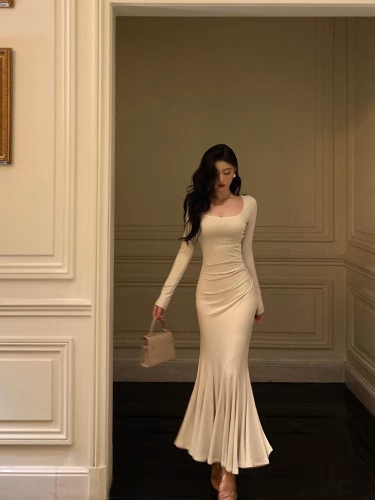 Chic Mermaid Square Neckline Long Sleeves White Long Prom Dresses Birthday Dress