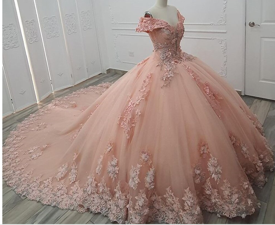 Off The Shoulder Pink Ball Gown Long Train Tulle Appliuqes Sweet 16 Dress