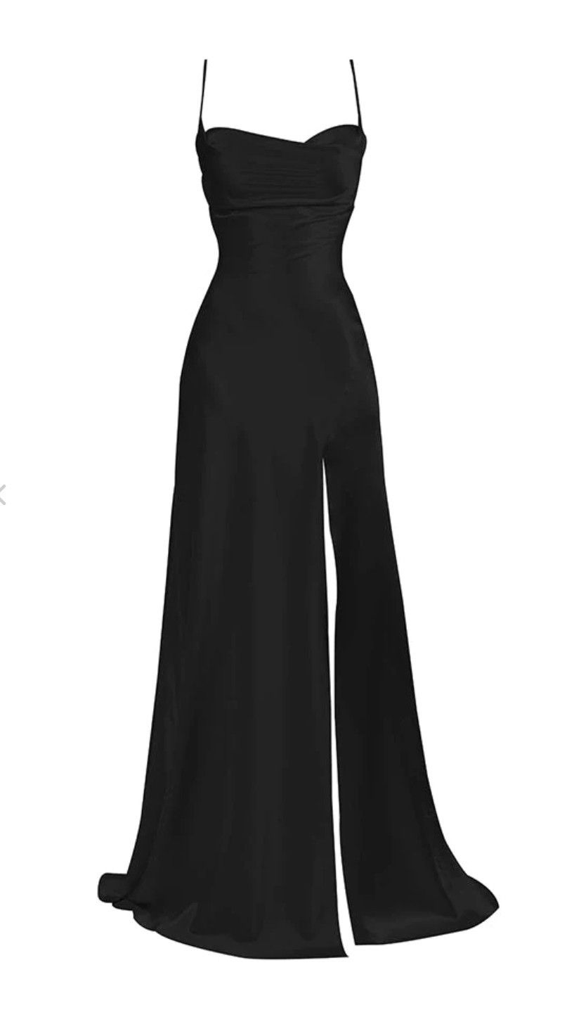 Classic Black Spaghetti Straps Prom Dress with Split,Black Evening Dress