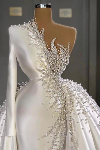 Gorgeous One Shoulder Satin White Beading Mermaid Prom Dresses