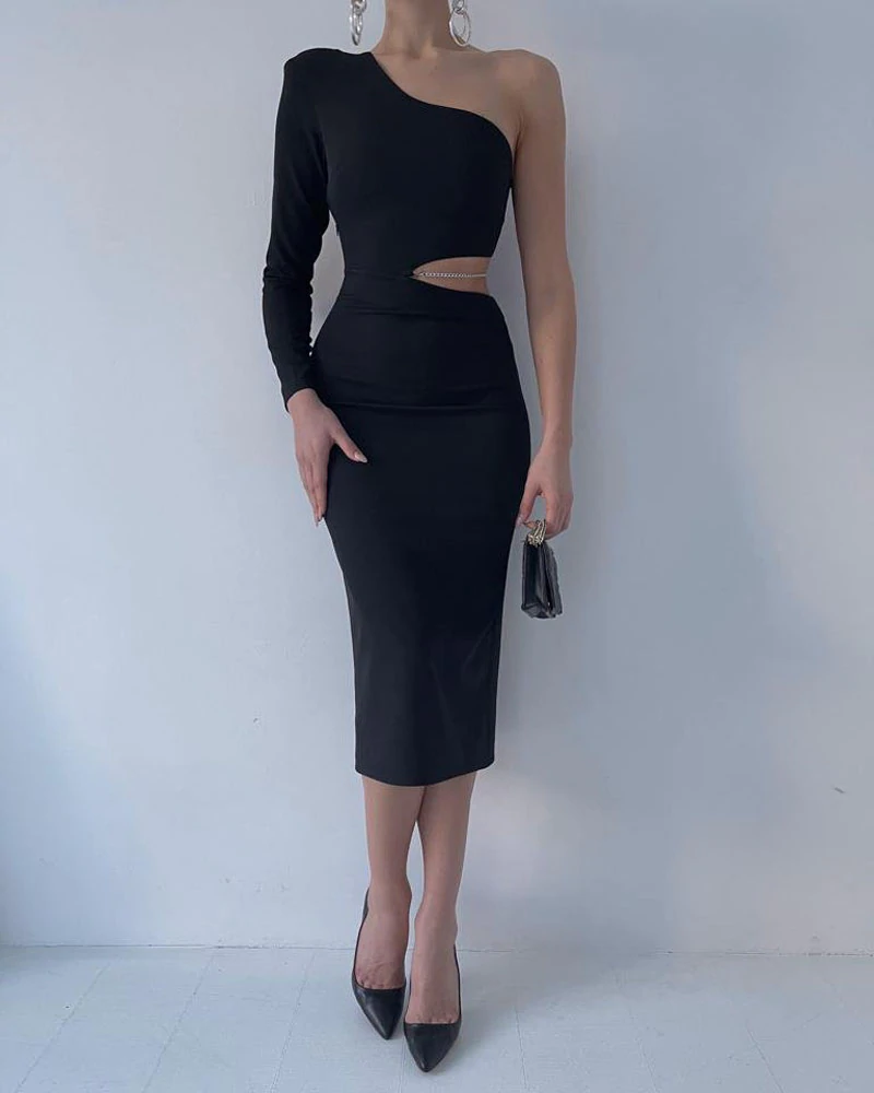 One Shoulder Chain Decor Cutout Bodycon Dress Party Dress