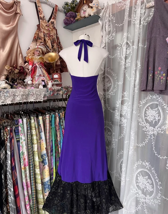 Unique Purple Satin Lace Ruffles Evening Dress Halter Mermaid Prom Dress