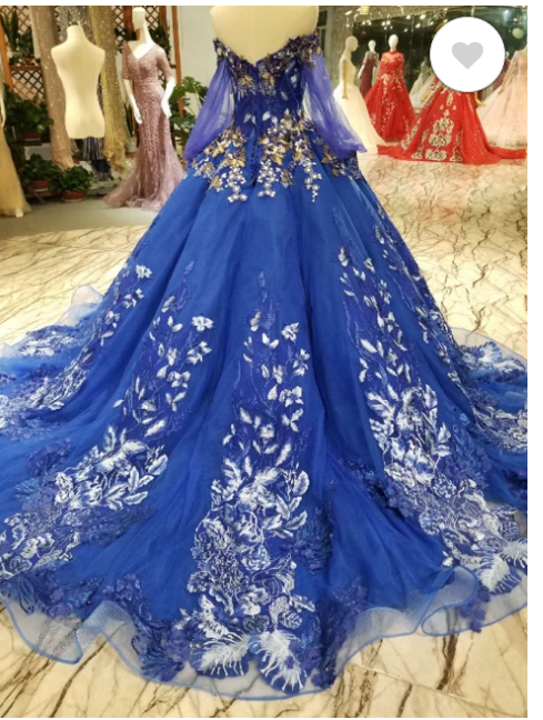 Off-the-Shoulder Long Sleeves Ball Gown Tulle Applique Court Train Prom Dress