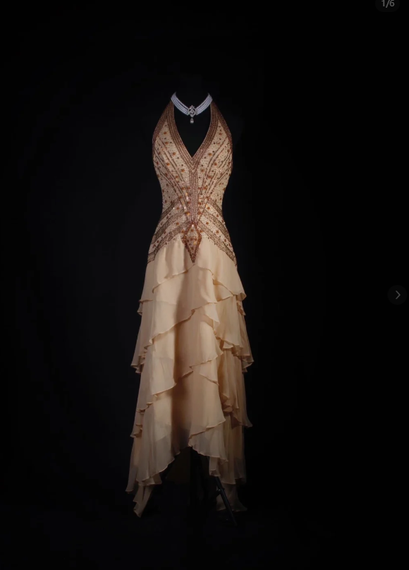Vintage Khaki Halter Beaded Chiffon Layered Mermaid Long Party Dress Backless Wedding Guest Dress