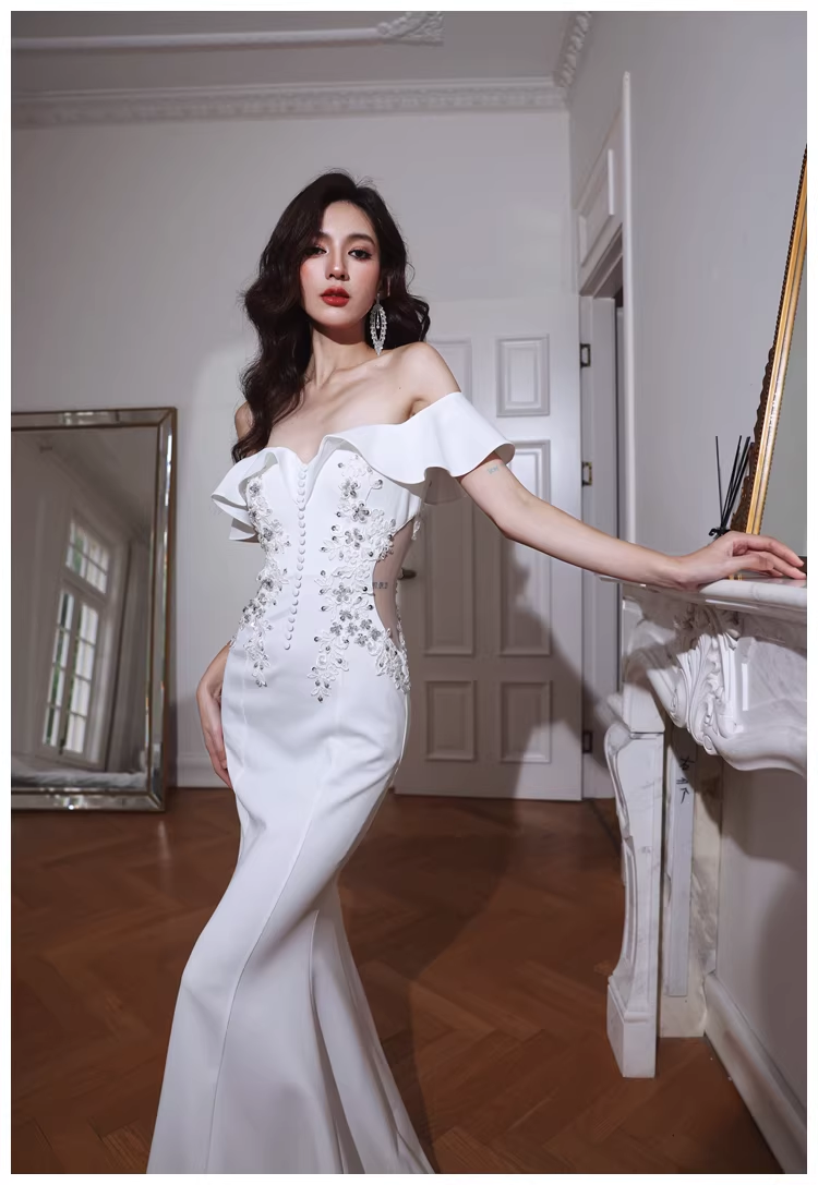 Elegant Off The Shoulder White Satin Appliques Mermaid Evening Dress Long Wedding Guest Dress
