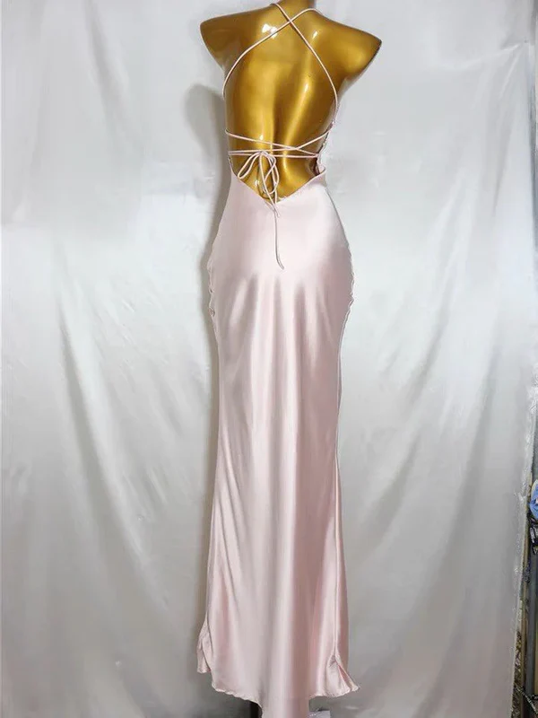 Simple Straps Pink Sheath Long Party Evening Dress