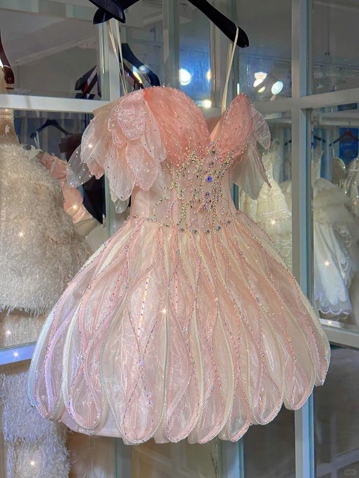 Glitter Pink Beaded Spaghetti Straps Princess 18th Birthday Dress Homecoming Dress