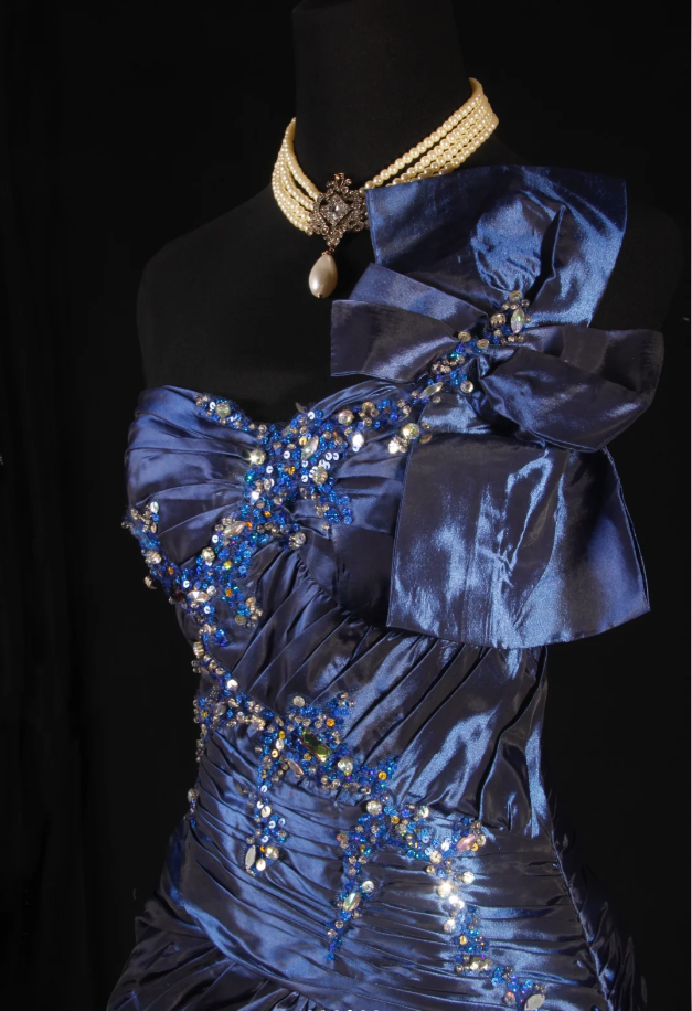 Elegant One Shoulder Satin Pleated Beaded Mermaid Evening Dress Navy Blue Long Party Dress