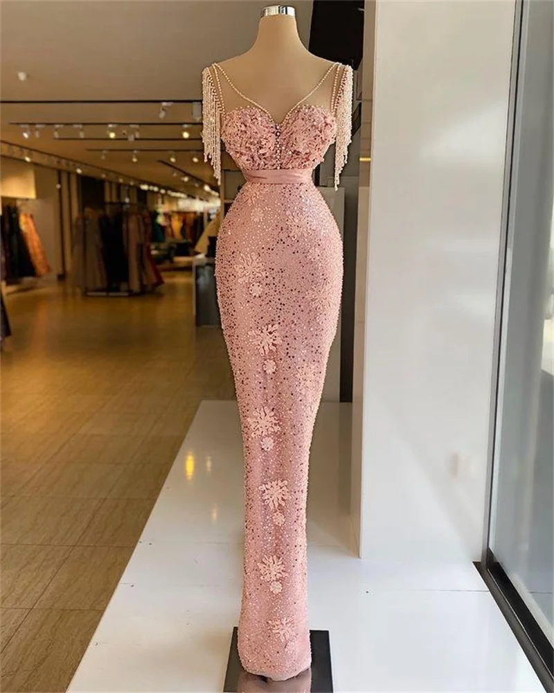 Pink Mermaid Prom Dresses V Neck Sequins Pearls Tassel Famous Long Formal Red Carpet Gowns