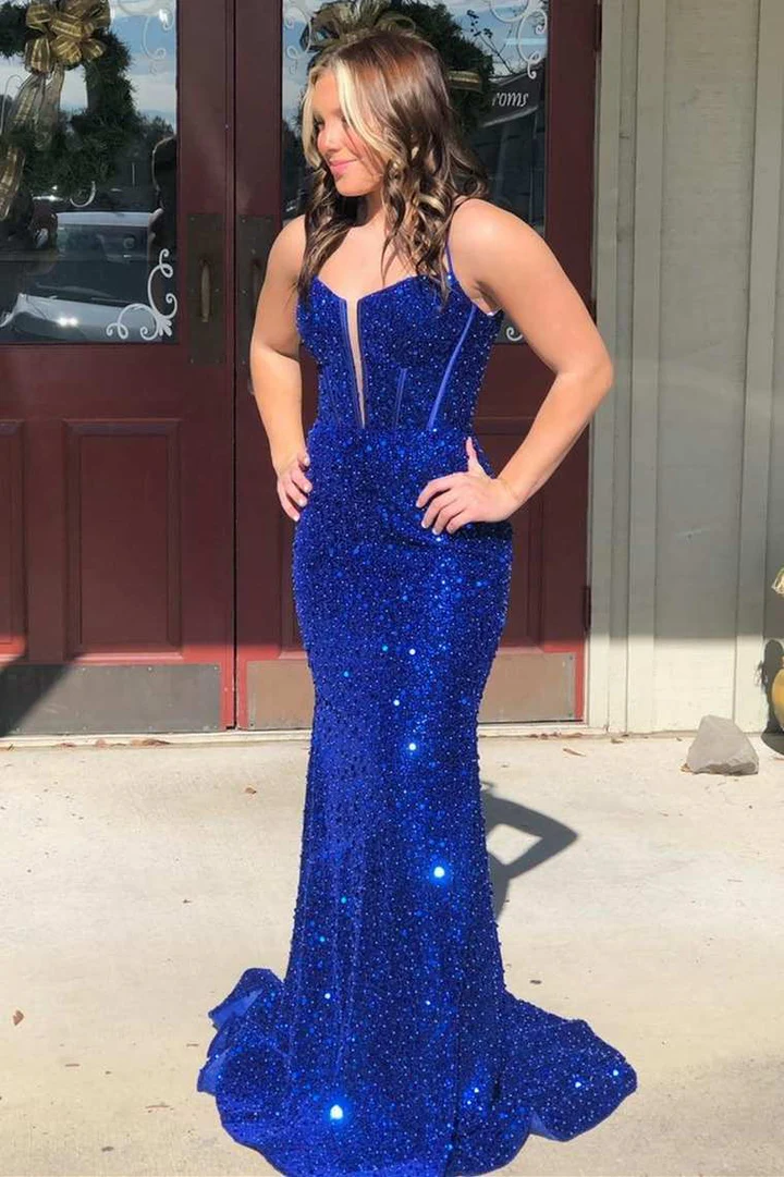 Royal Blue Sequin Split Neck Mermaid Long Prom Dress