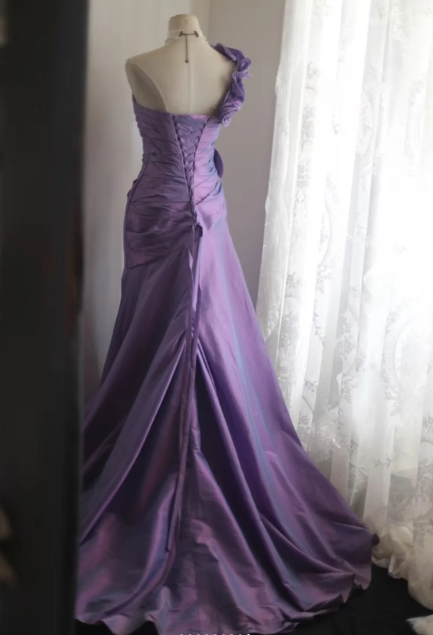 Elegant Purple One Shoulder Satin Floral Mermaid Long Party Dress Formal Wedding Guest Dress