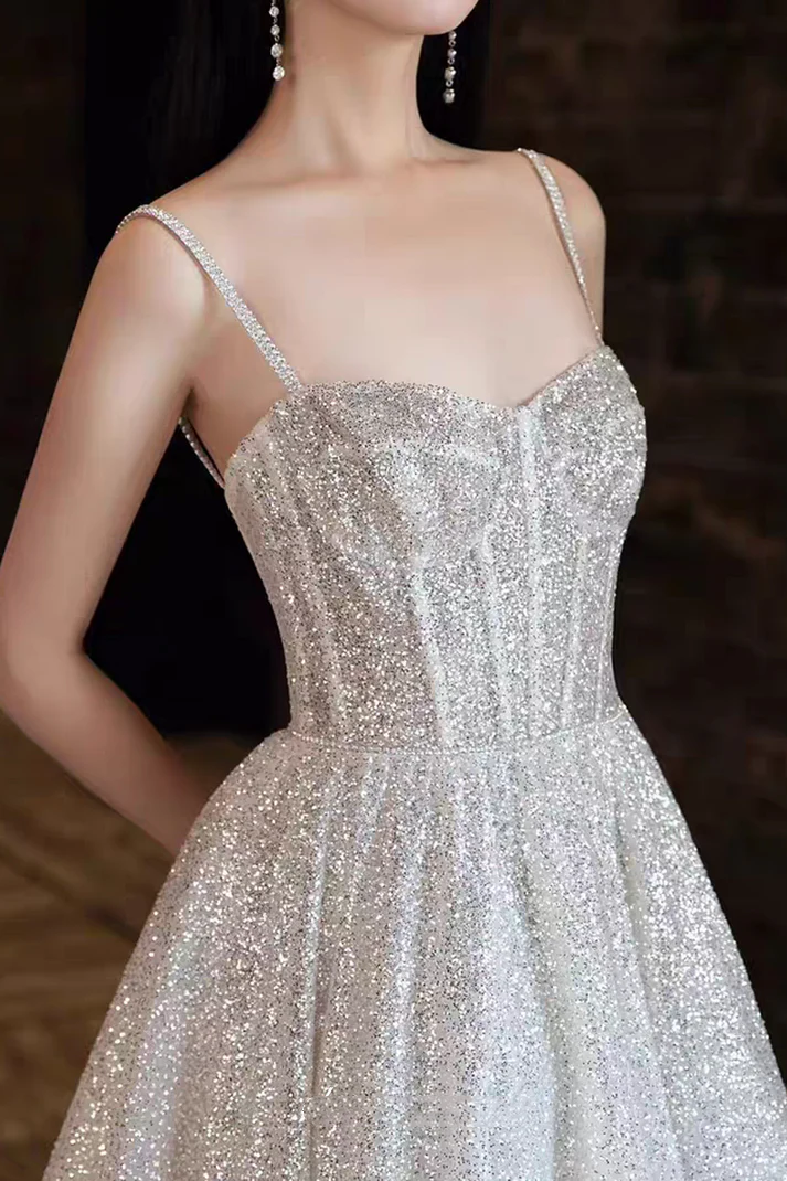 Glitter Spaghetti Straps Tulle Silver Sequin A Line Birthday Party Dress Long Evening Dress Prom Gown