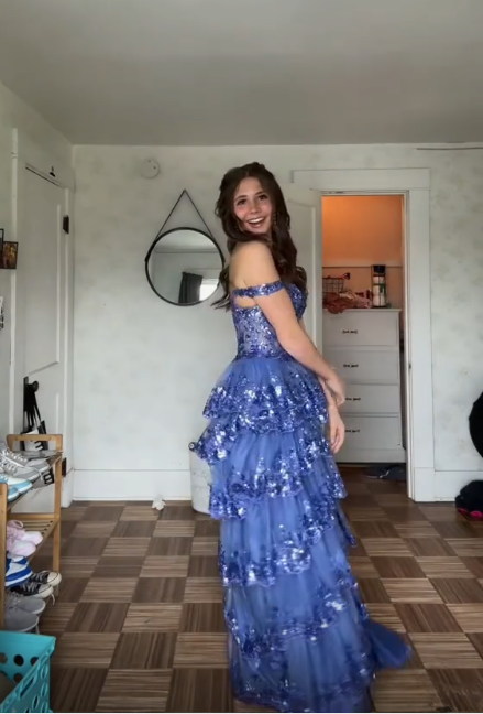 Pretty Blue Tulle Sequins Layered Prom Dress Long Slit Party Evening Gown