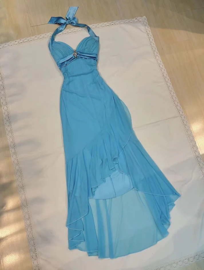 Halter Blue Ruffle Mermaid Prom Dress Formal Evening Dress