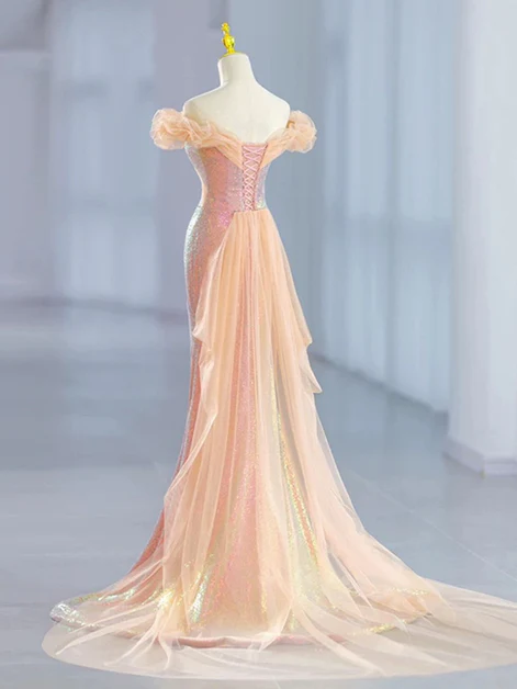 Classy Pink Sequins Off Shoulder Mermaid Party Dress Long Prom Evening Gown