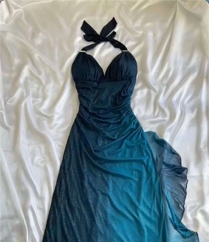 Shiny Halter Chiffon Dark Teal Prom Dress New Arrive Long Party Evening Gown