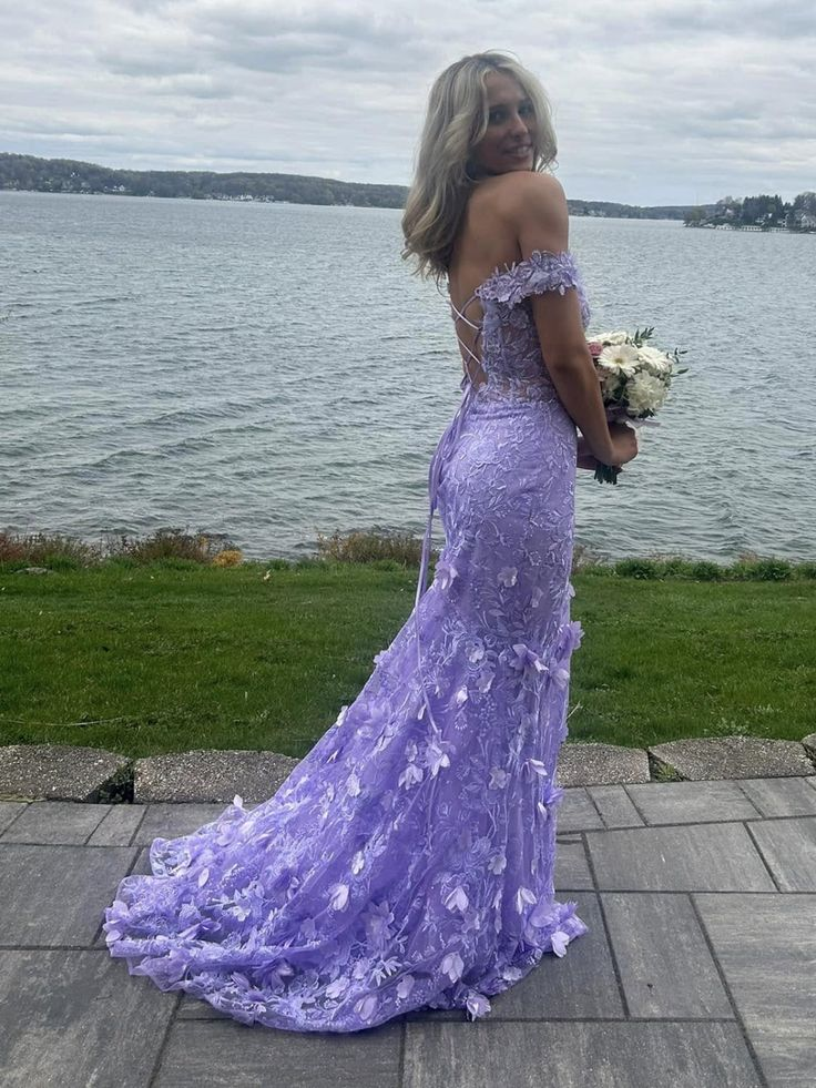 Purple Off The Shoulder Tullelace Appliques Evening Dress Slit Mermaid Party Dress