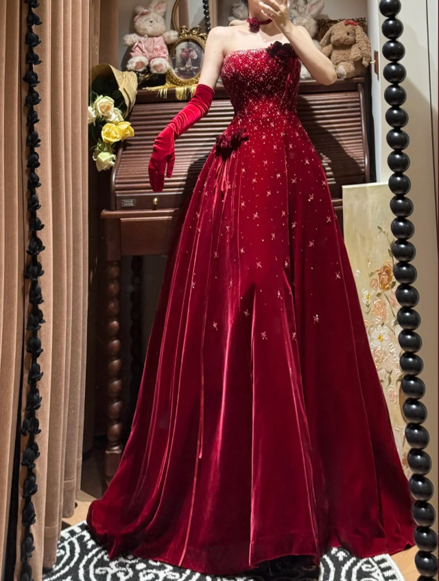 Pretty Burgundy Strapless Velvet Beaded Long Birthday Party Dress Evening Dress