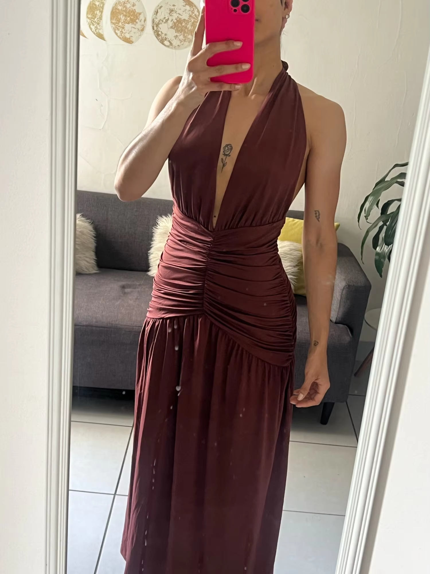 Sexy Halter Backless Party Evening Dress,Brown V Neck Slit Prom Dress