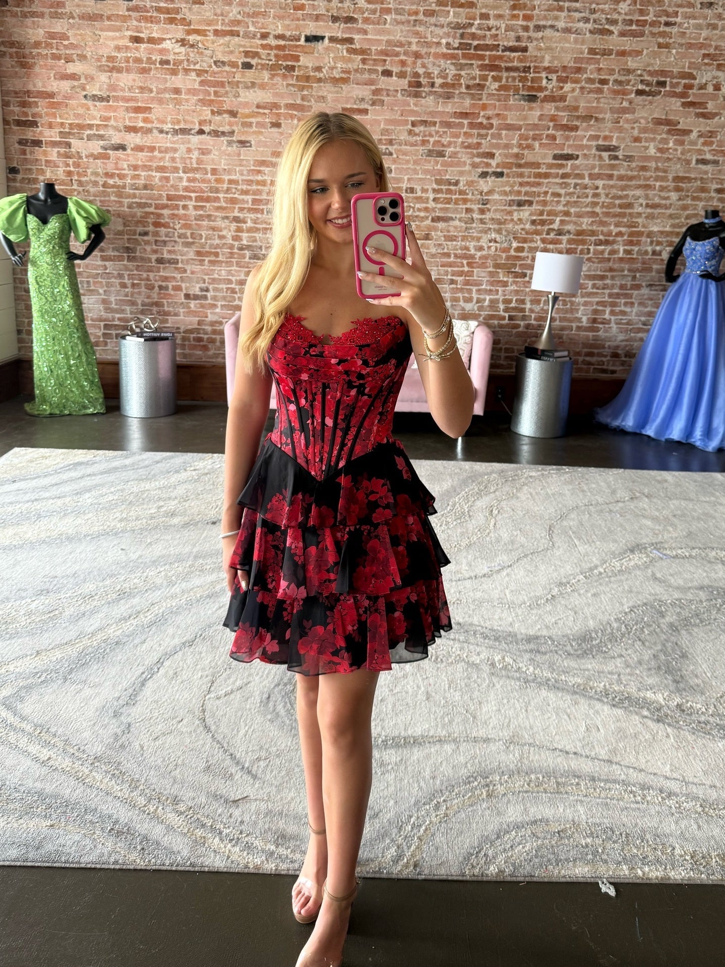 Chic A Line Sweetheart Red Printed Short Homecoming Dress with Ruffles