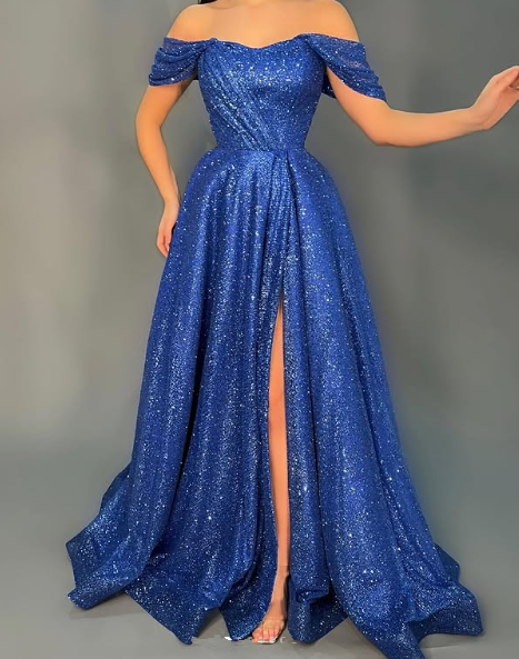 Sparkly Blue Off The Shoulder Sequins A Line Prom Dress,Slit Party Evening Dress