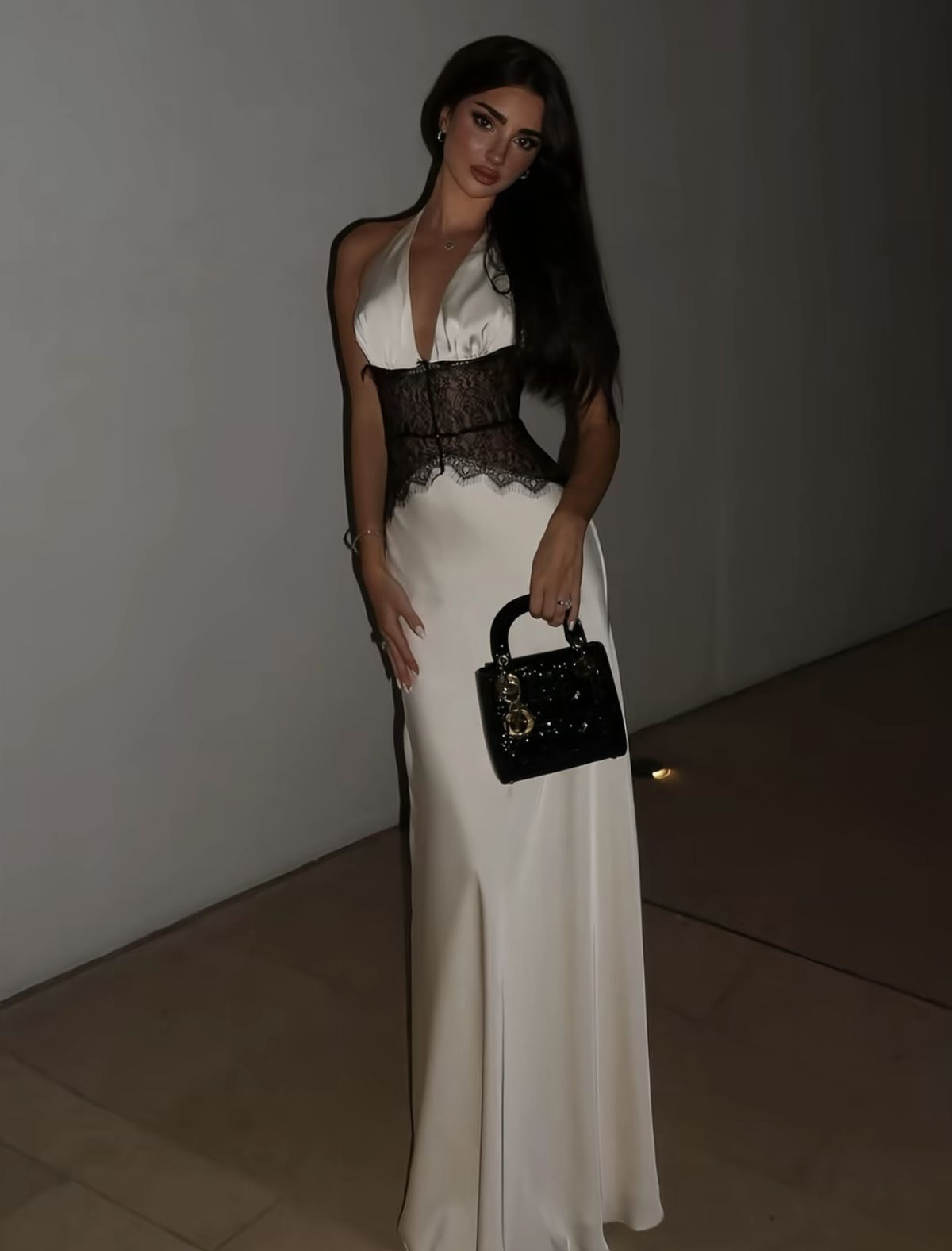Pretty Halter Ivory V Neck Satin Lace Mermaid Long Party Dress Formal Wedding Guest Dress