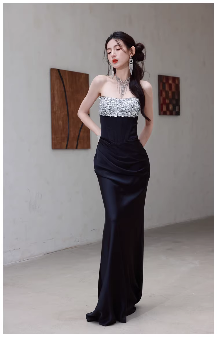 Fashion Black Strapless Satin Sequin Beaded Mermaid Evening Dress Long Wedding Guest Dress