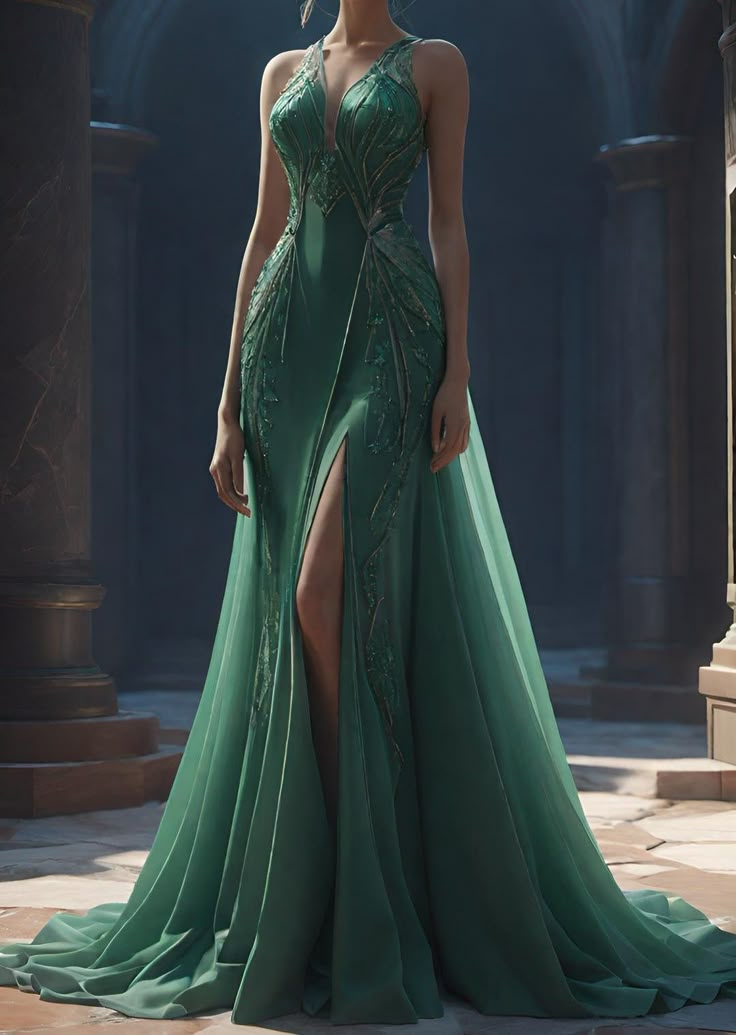 Sexy V Neck green Satin Chiffon Appliques Evening Dress,Mermaid Slit Party Prom Dress