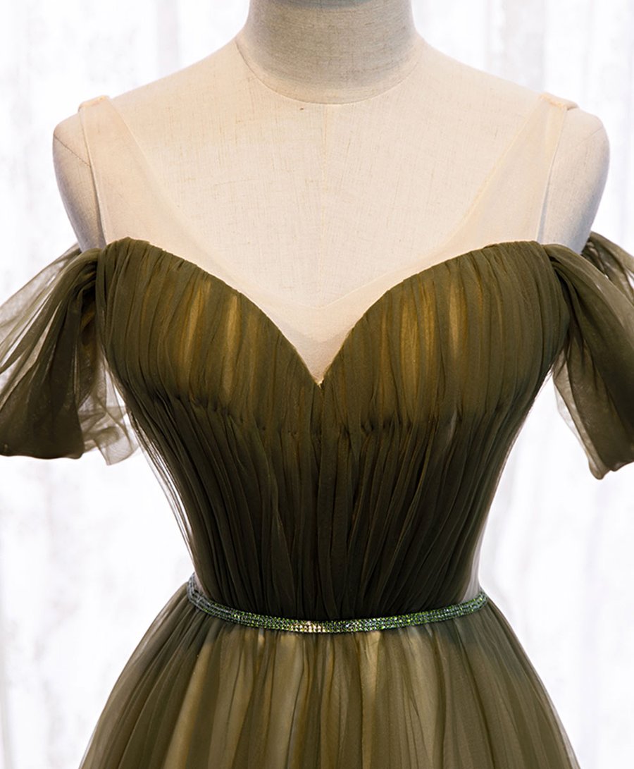 Simple green v neck tulle long prom dress green evening dress