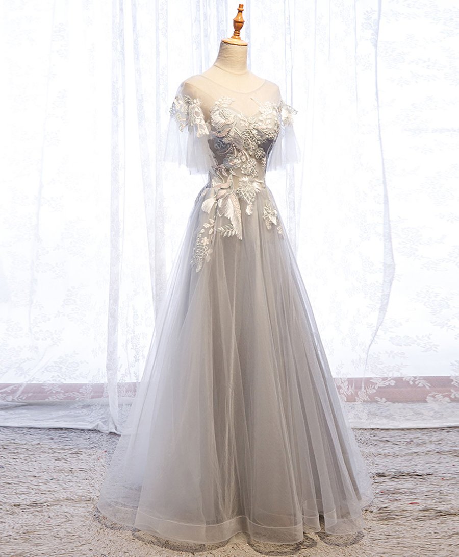 Gray round neck tulle lace long prom dress gray tulle formal dress