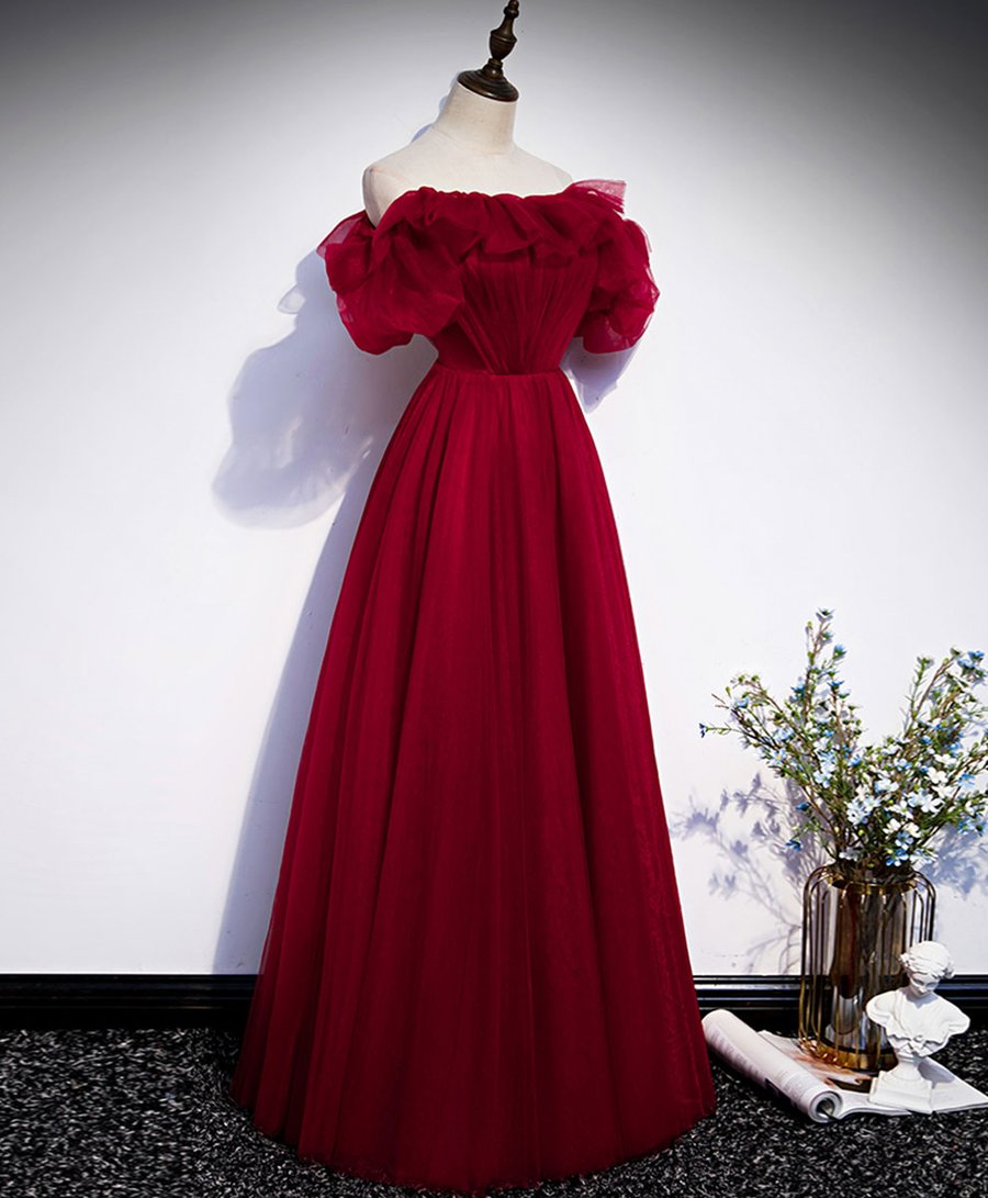 Simple burgundy tulle long prom dress burgundy evening dress