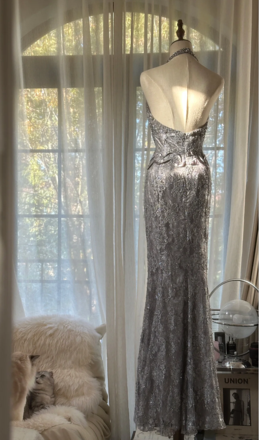 Gorgeous Silver Gray Halter Lace Mermaid Long Party Dress Prom Dresses