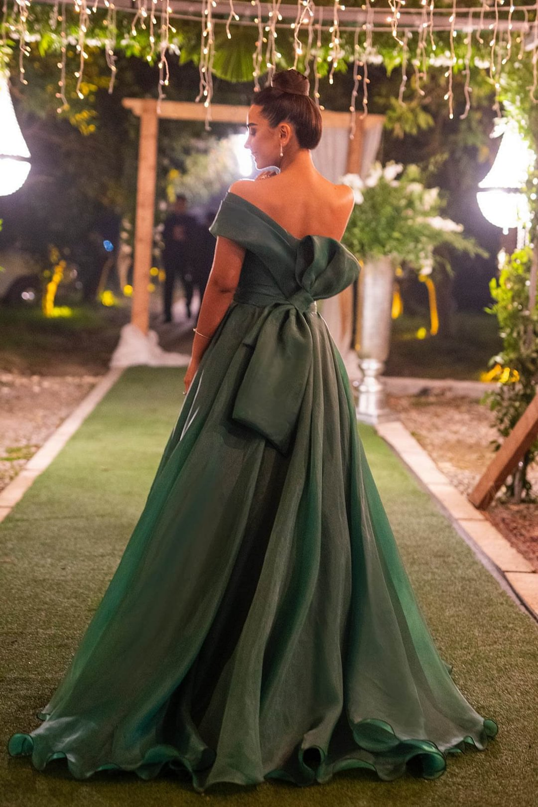 Dark Green Strapless One Shoulder Front Split Evening Dress With Bowknot