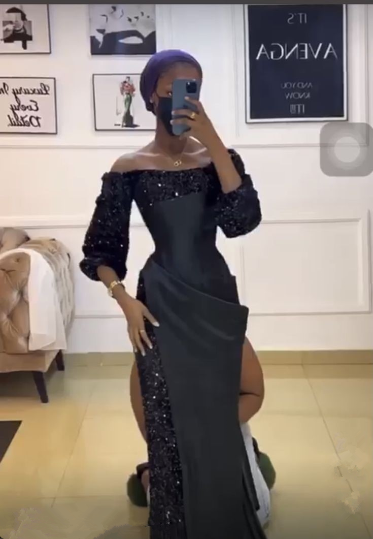 Unique Black Satin Sequins Long Prom Dress Sexy Party Evening Gown