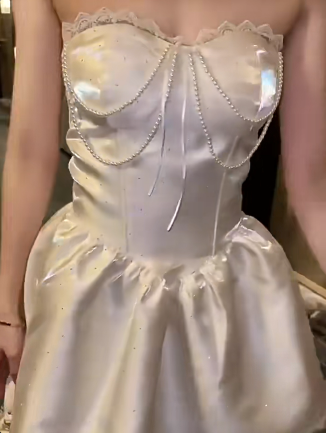 Classy Strapless White Satin Beaded Birthday Outfits A Line Short Homecoming Dress