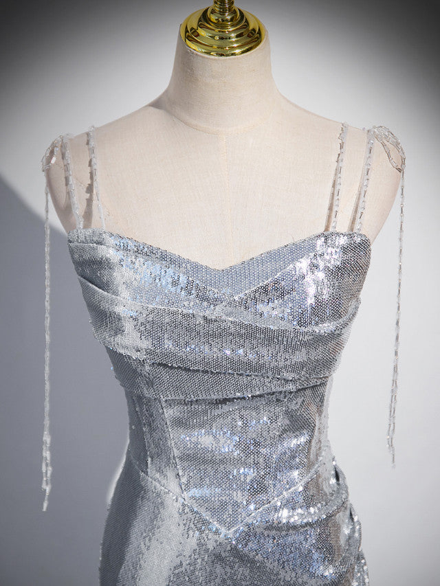 Charming Silver Mermaid Sequins Spaghetti Straps Pleated Prom Dress Long Party Dress