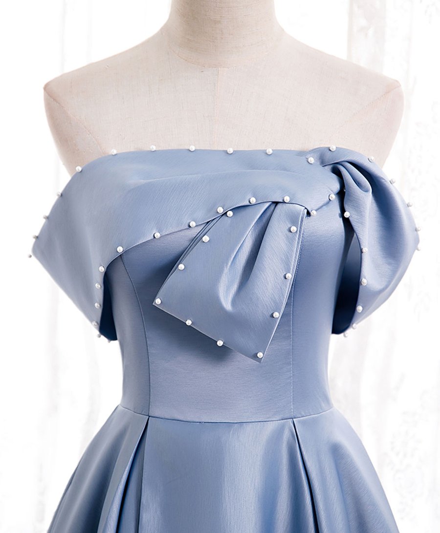 Blue satin of shoulder long prom dress blue evening dress BD80