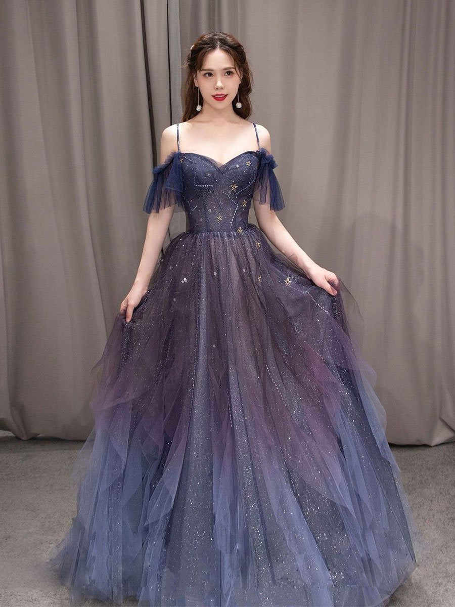 Dark starry sky purple tulle long prom dress purple evening dress BD19