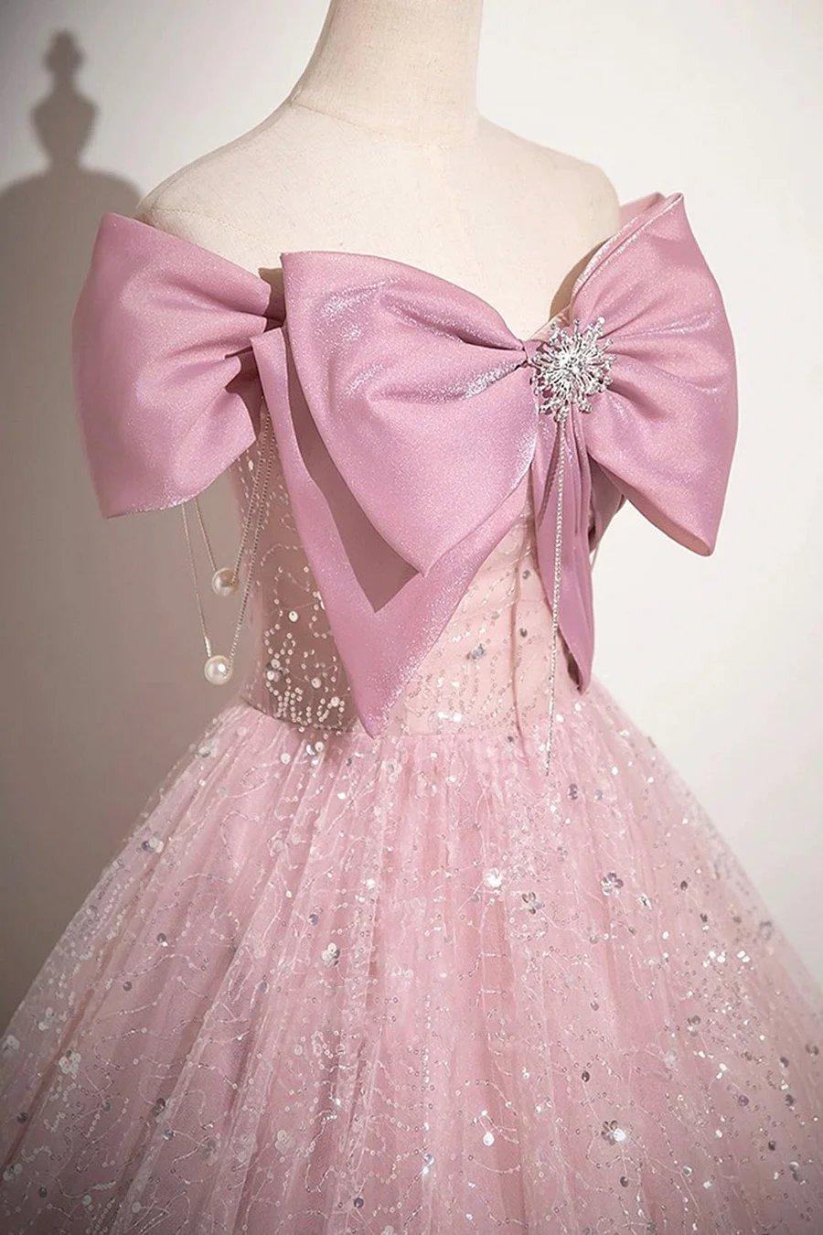 Cute Pink Tulle Sequins Long A-Line Ball Gown, Off Shoulder Sweet 16 Dress