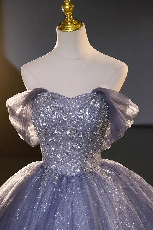 Blue Off The Shoulder Sequins Tulle Evening Dress Sweet 16 Dress