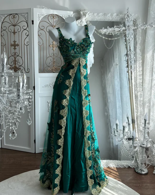 Vintage Green Lace Prom Party Dress Satin Evening Dress